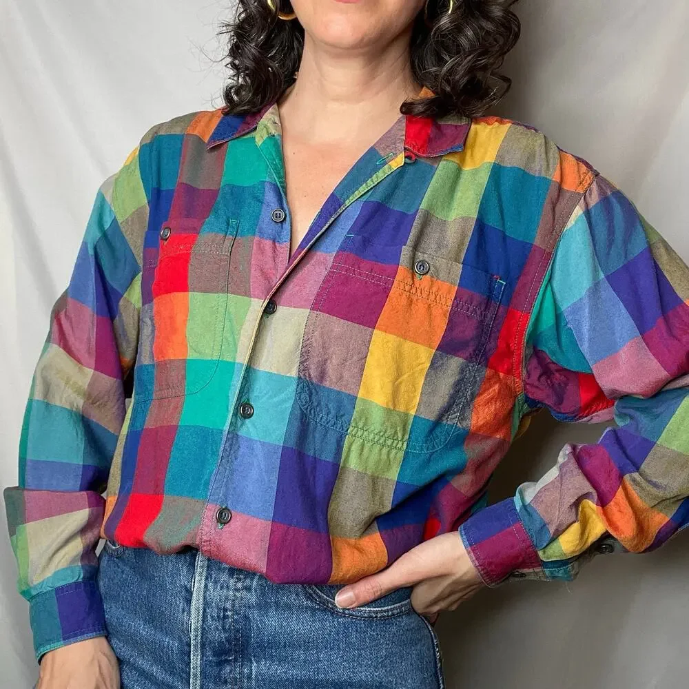 SOLD Vintage lizwear rainbow plaid checkered shirt long sleeve button-down M - Picture 13 of 17